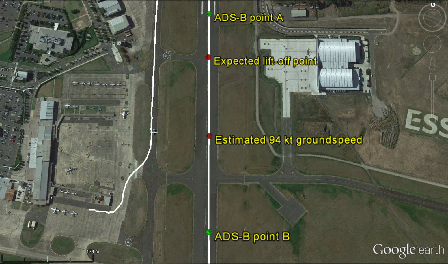 Figure 11: ADS-B data showing initiation of ZCR’s divergence from the runway centreline between points A and B