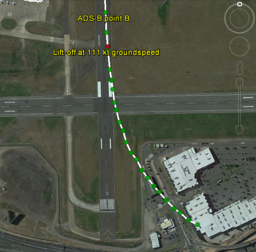 Figure 12: ADS-B data points showing ZCR’s increasing divergence from the runway centreline as the flight progresses