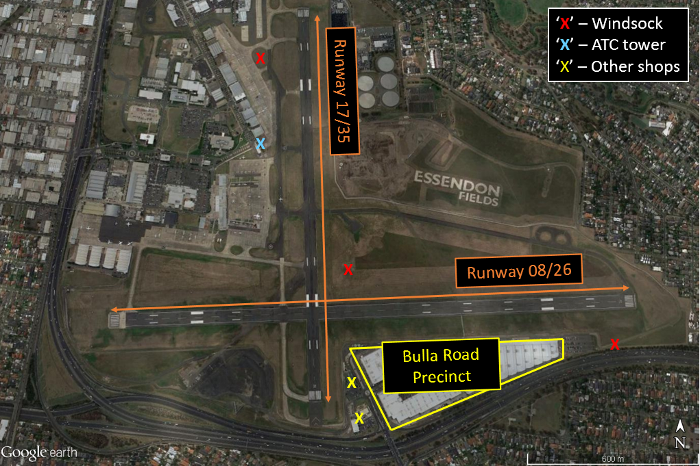 Figure 8: Essendon Airport and the location of the ATC tower, windsocks, and proximity of the Bulla Road Precinct
