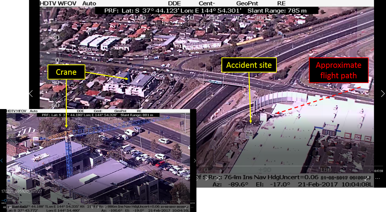 Figure 14: Position of the crane relative to the accident site, with the crane inset