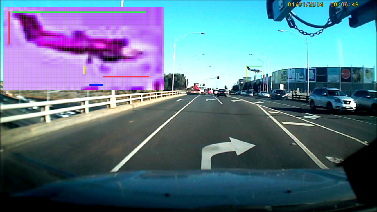 Figure 21: Bulla Road dashboard camera footage with zoomed inset depicting measurements used for sideslip and roll calculations