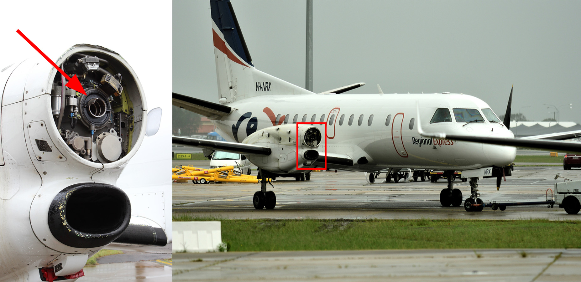 Figure 1: The aircraft, VH-NRX, at Sydney Airport after the incident showing the point of separation of the propeller in close-up