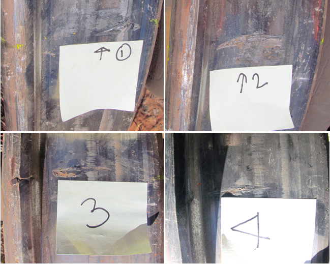 Figure 7: Enlargements of the four rail impact marks ore car 8934 - wheelset number 2L. Numbered 1 – 4, corresponding rail impact bruises on the wheel tread surface (Figure 6) on ore car 8934 - wheelset #2L. All impact marks are transverse, angled about 90° across the tread surface. - Source:  BHP Billiton.