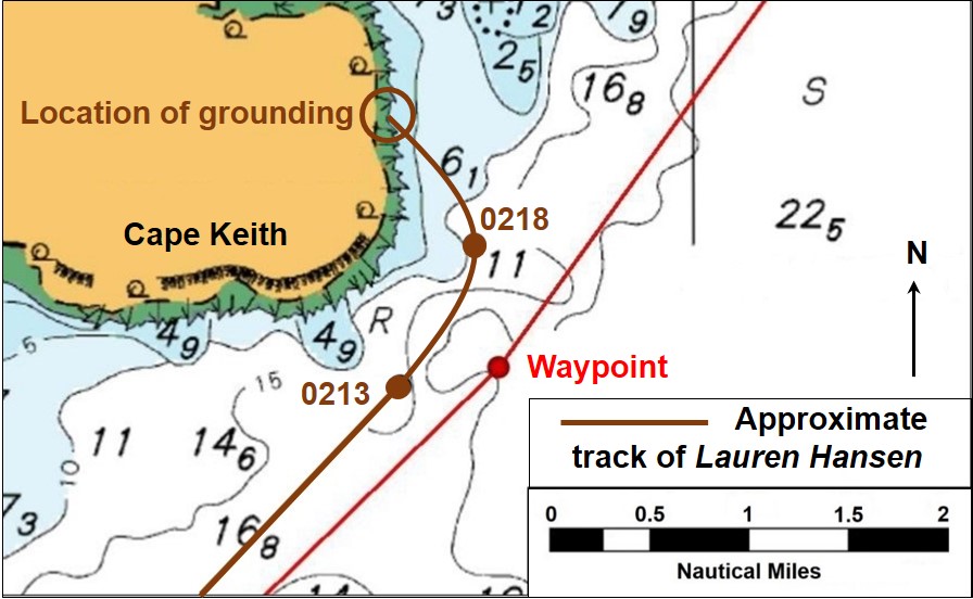 Figure 4: Section of navigational chart Aus 720 showing Lauren Hansen's approximate track with AIS derived positions (in brown). Source: Australian Hydrographic Service, annotated by the ATSB using AIS data provided by AMSA