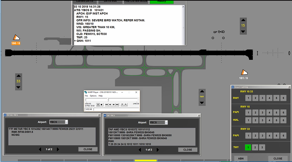 Figure 2: INTAS aerodrome layout display with field lighting popup. A part of the INTAS display, showing airfield lighting system status at time of the incident flight in the field lighting pop-up (bottom right). When activated, the selected light intensity level would have been displayed in green, for example, taxiway (TWY) light level 1 is active.Source: Airservices Australia