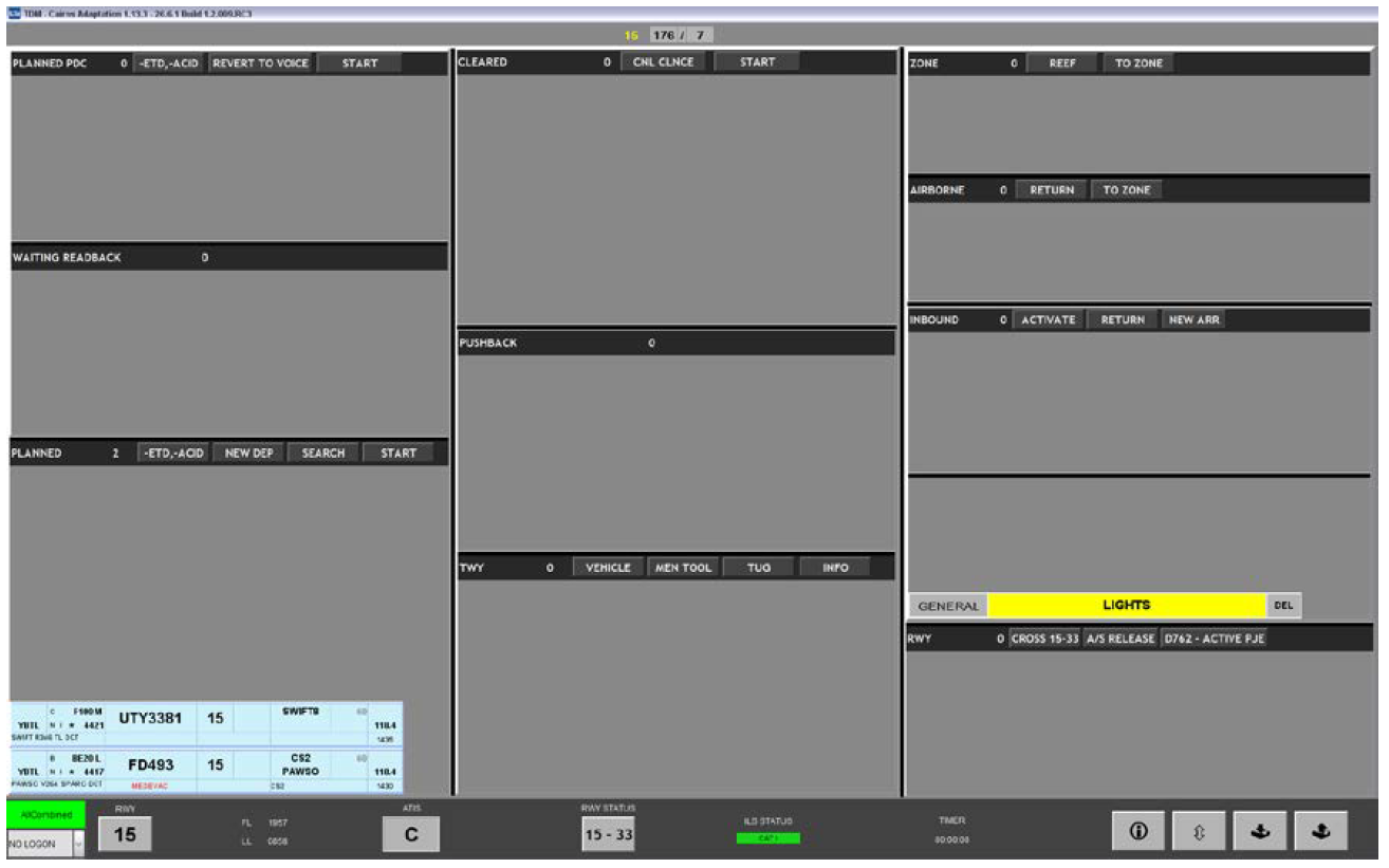 Figure 3: INTAS flight progress strip display. A part of the INTAS display, showing LIGHTS prompt in the right-hand column placed above the runway (RWY) panel.Source: Airservices Australia