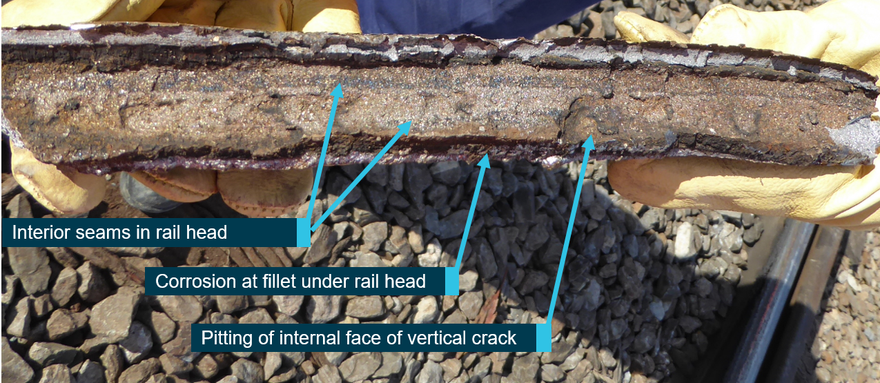 Figure 10: Railhead section detailing interior seam of inclusions/imperfections. Source: ATSB