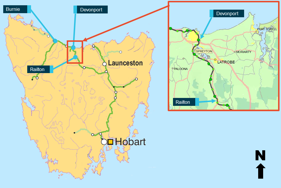 Figure 2: Map of TasRail Network. Image shows location of Railton with respect to Devonport within the TasRail network. Source: TasRail and ARA Railways of Australia 2014, annotated by ATSB.