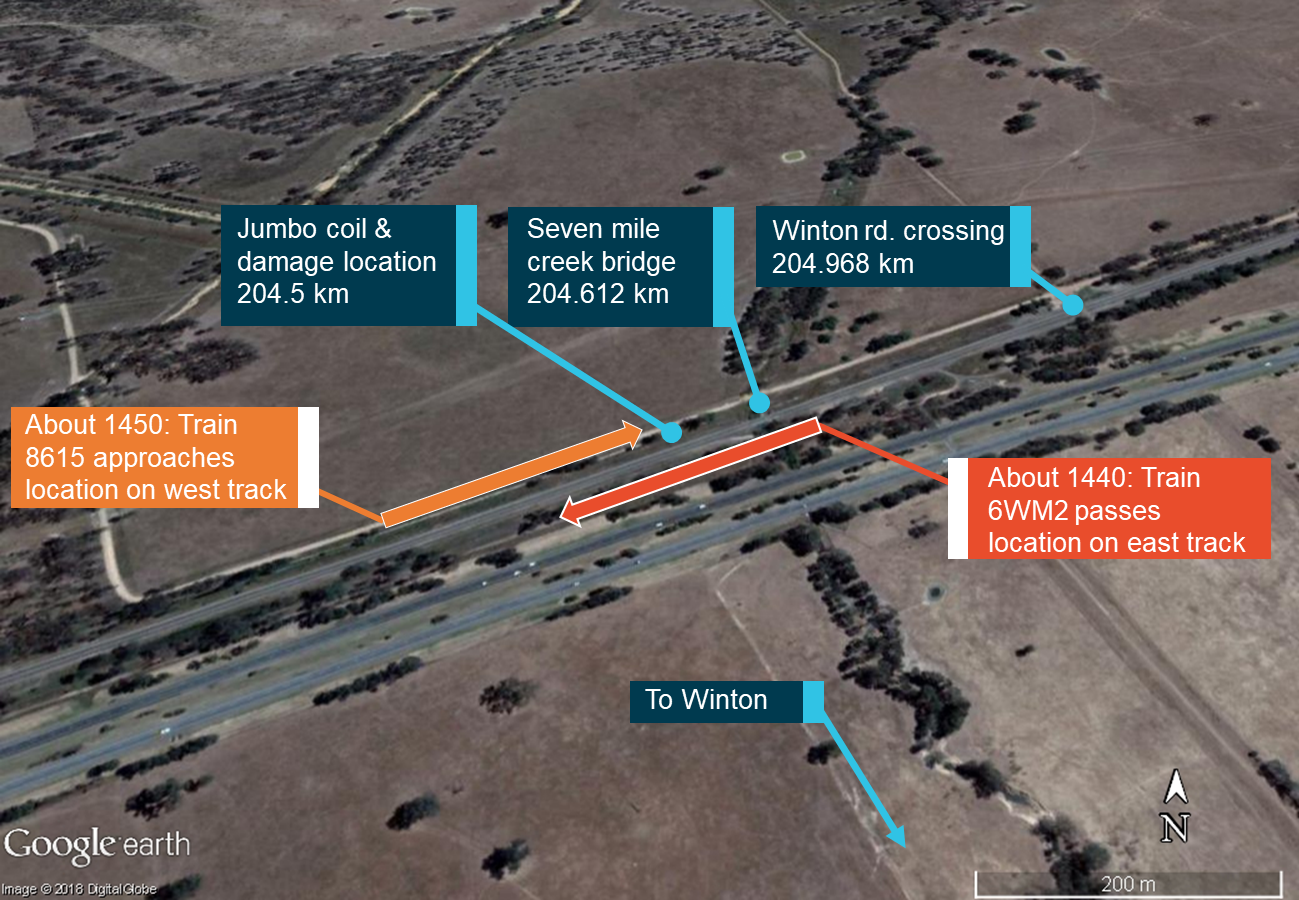 Figure 1: Location of track obstruction and associated track features on the DIRN. Source: Google earth, annotated by the ATSB