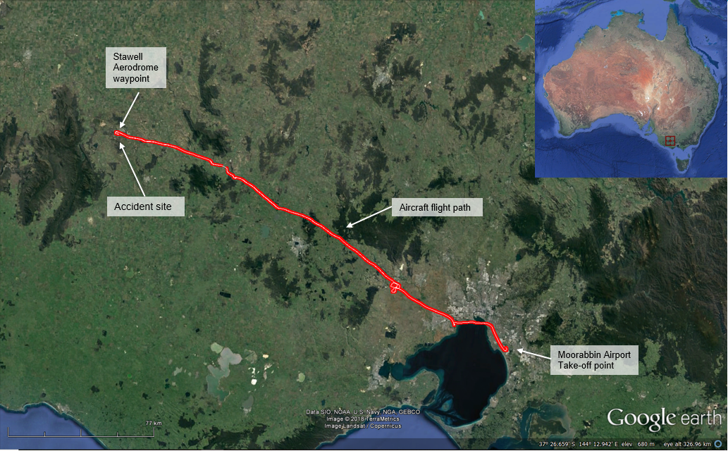 Figure 1: Aircraft’s flight path and accident site location. Source: Google earth, with Airservices surveillance radar data. Annotated by the ATSB