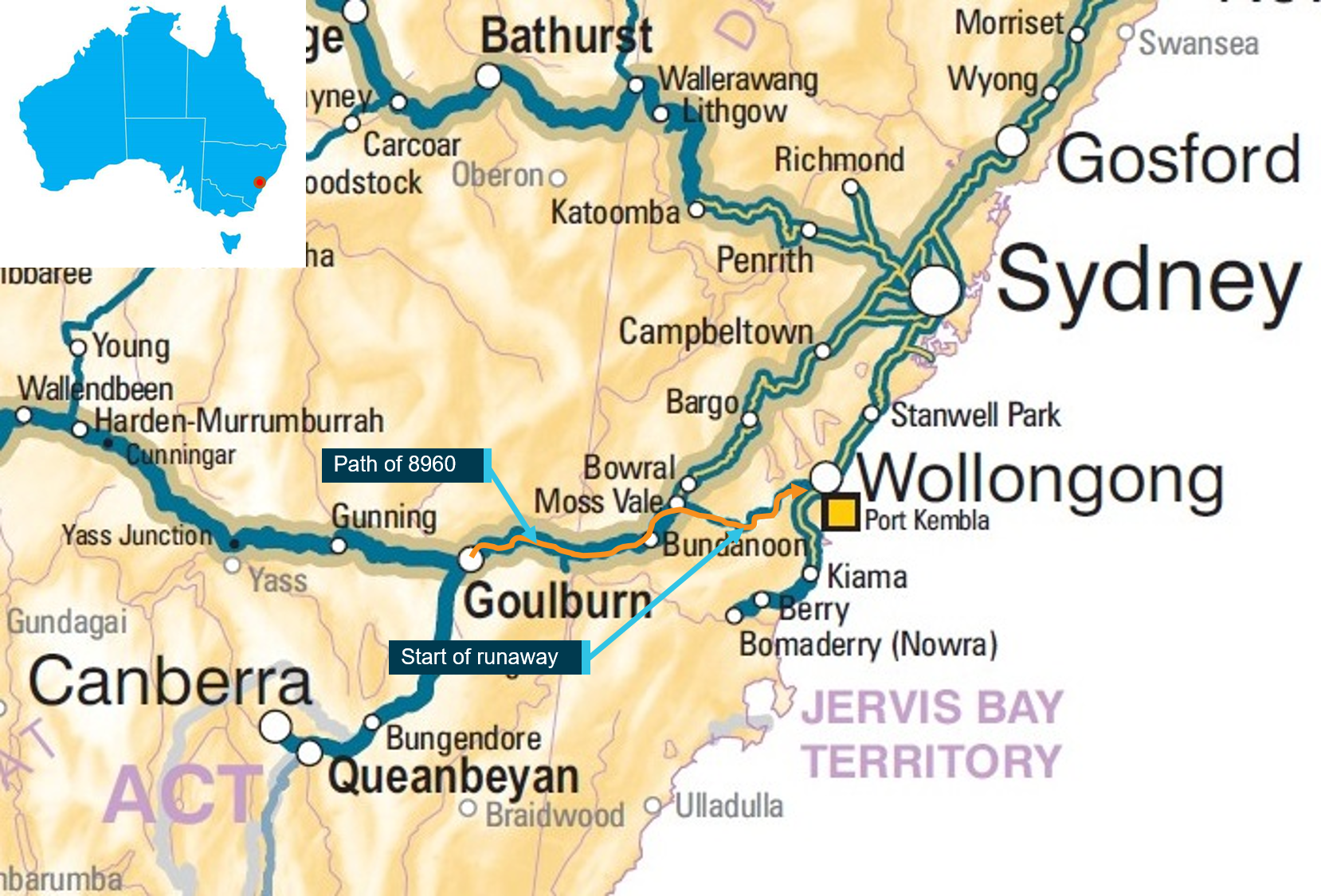 Figure 5: Location of incident. This map shows the incident location and the path of 8960 (shown in red). Source: Geoscience Australia, annotated by ATSB