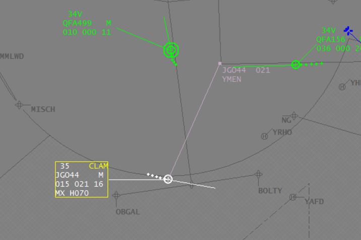 Figure 1: Image of air traffic controller’s monitoring screen showing CLAM alarm activation following the aircraft’s descent below 2,100 ft.Image shows the aircraft (JG044) with a current altitude of 1,500 ft (‘015’), a cleared altitude of 2,100 ft (‘021’), a radar vectored heading of 070° (‘H070’) and a groundspeed of 160 kt (‘16’). Source: Airservices Australia