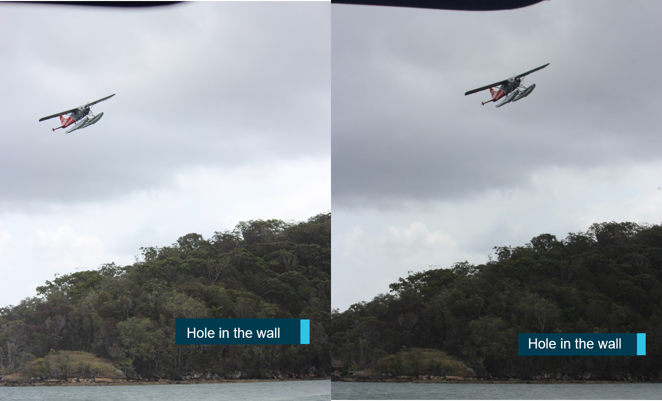 Figure 3: Witness photographs showing the aircraft turning near the Hole in the Wall. Source: Image provided by witness captured at ≈15:12:13 (IMG_3244.JPG, IMG_3245.JPG), annotated by the ATSB