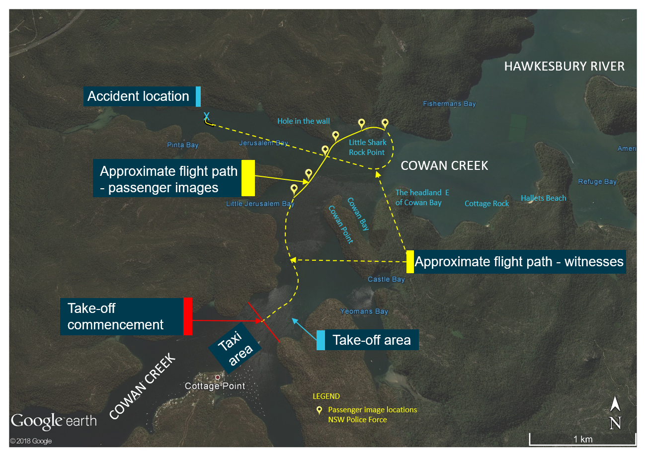 Figure 4: Cottage Point area, established flight path and accident location. Source: Google earth, modified by the ATSB from passenger images and witness interviews
