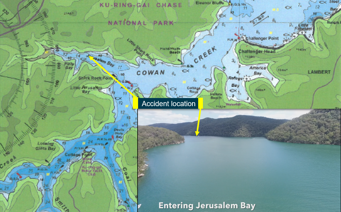 Figure 5: Cottage Point area with Jerusalem Bay entry viewed from Cowan Creek. Source: CAMTAS International P/L (map), NSW Police Force (inset), annotated by ATSB