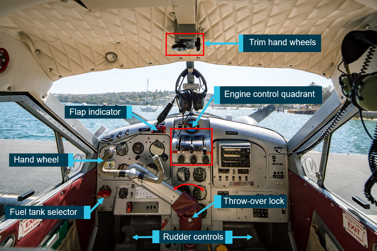 Figure 7: VH-NOO cockpit showing the aircraft system controls. Source: Sydney Seaplanes, annotated by the ATSB