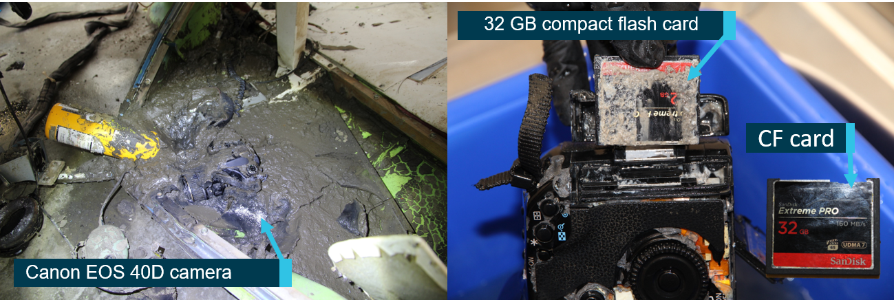 Figure 9: Passenger camera as found in the aircraft (left) and CF card removal (right). Source: ATSB