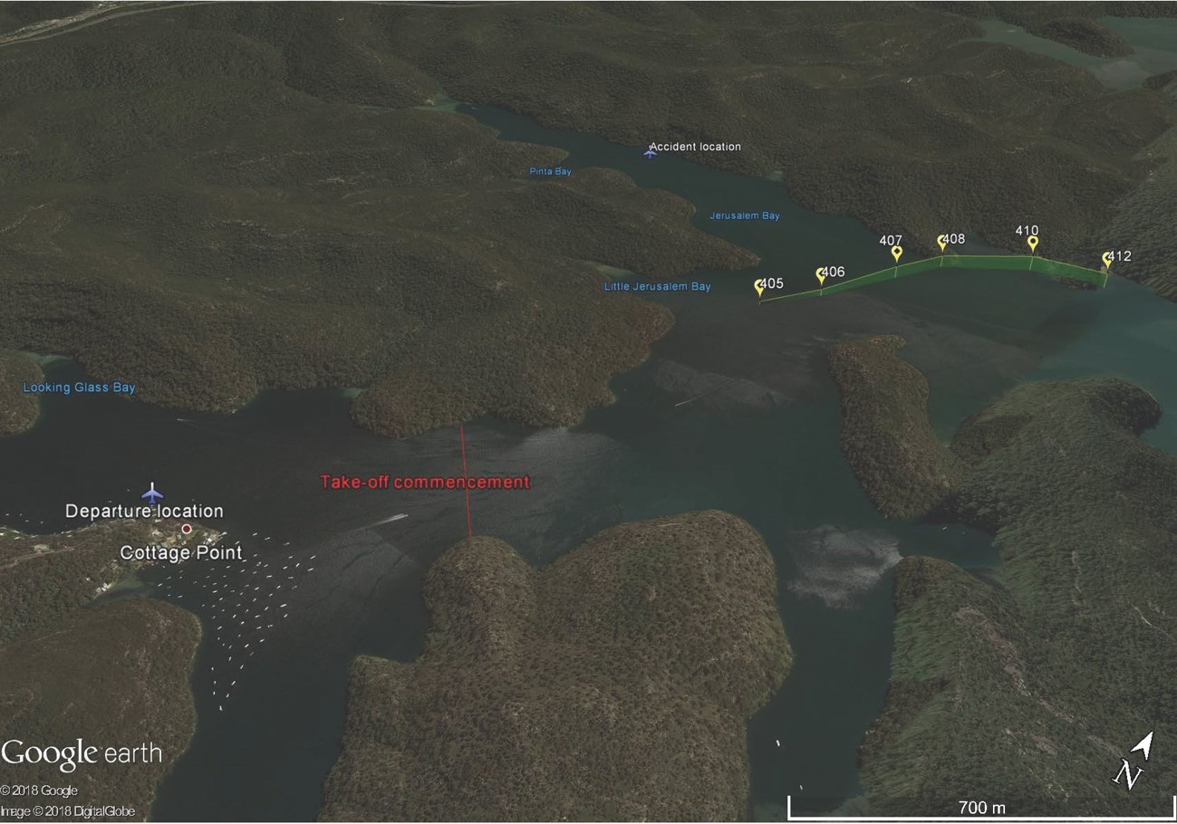 Figure 13: View towards Jerusalem Bay of flight path developed from passenger images. Source: NSW Police Force, Google earth, annotated by the ATSB