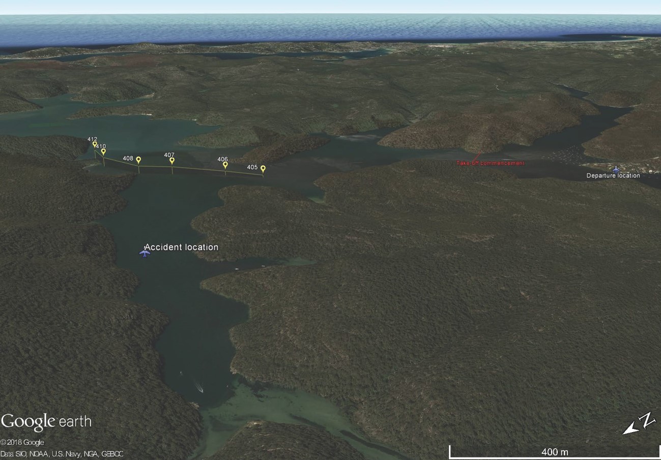 Figure 14: View towards Hawkesbury River of flight path developed from passenger images. Source: NSW Police Force, Google earth, annotated by the ATSB