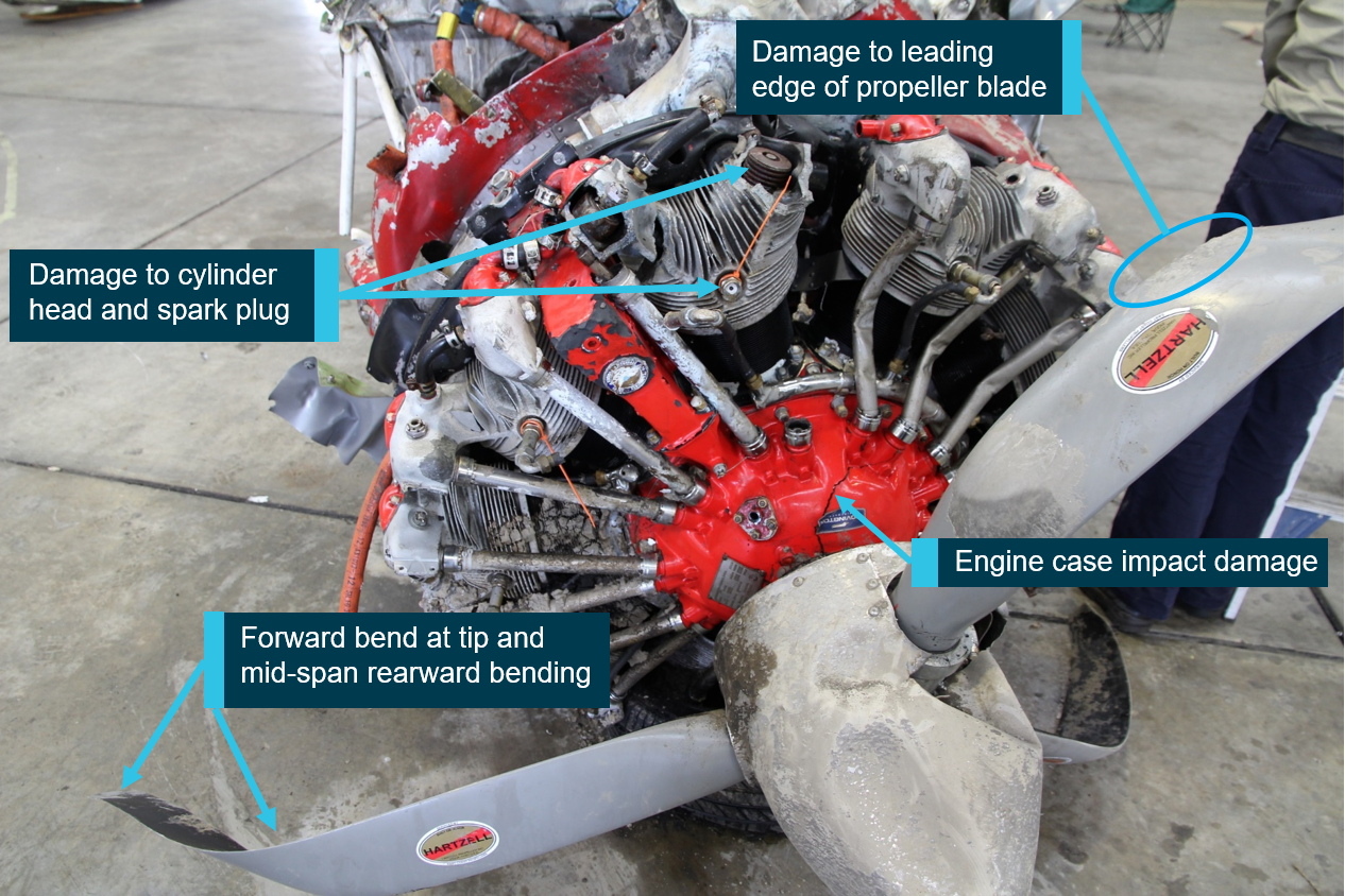 Figure 18: Damage to the engine and propeller, oriented upside down. Source: ATSB