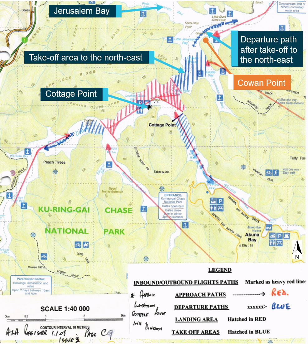 Figure 19: Cottage Point diagram of the recommended flight paths from the ALA register. Source: Sydney Seaplanes, annotated by the ATSB