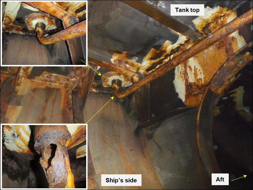 Figure 3: Scupper pipe in after peak tank showing corroded and holed elbow. Source: CSL Limited, annotated by ATSB