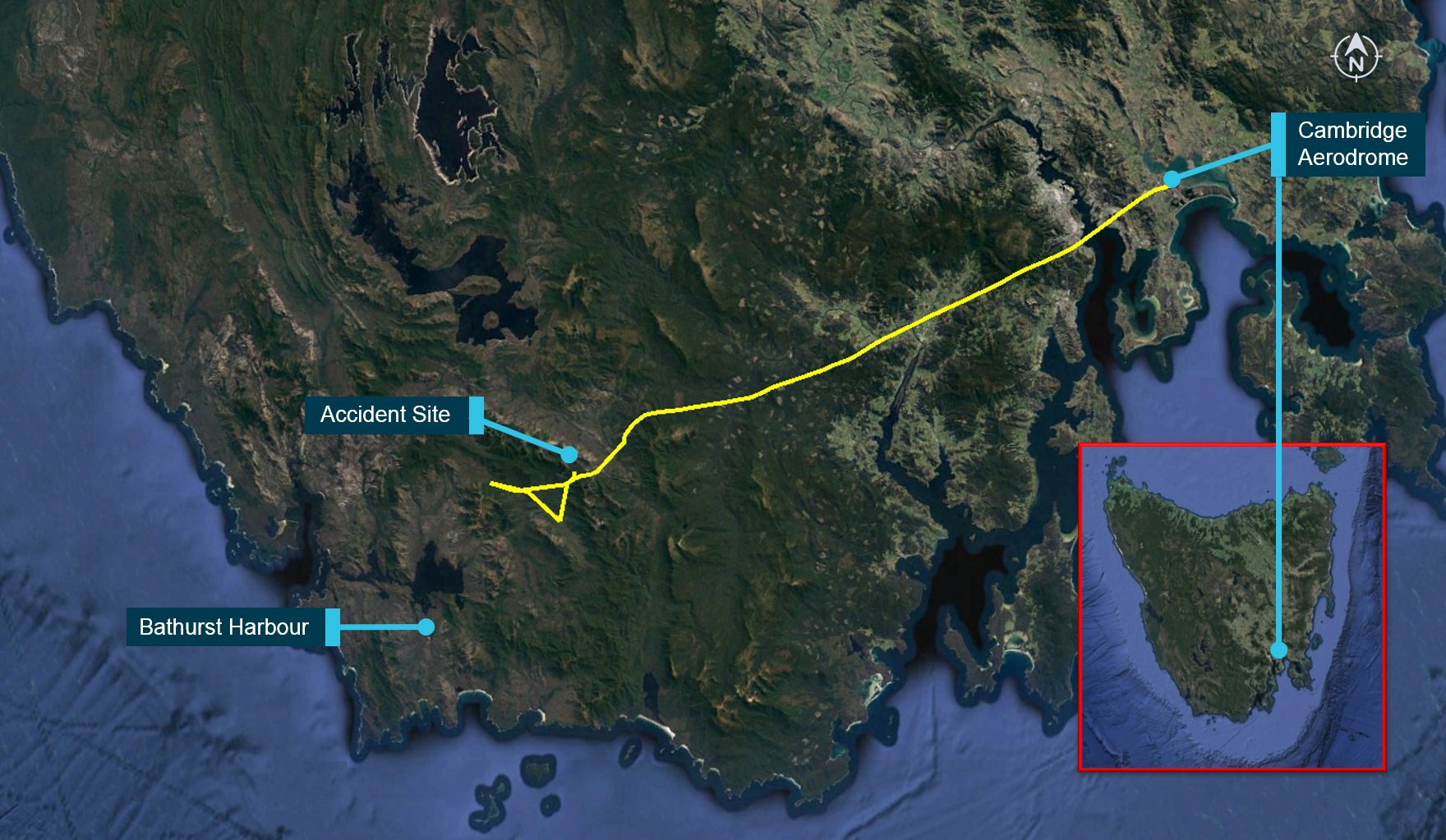 Figure 1: Track of VH-OBL from Cambridge Aerodrome towards Bathurst Harbour, showing the accident location. Source: Google earth and FlightAware, modified by ATSB
