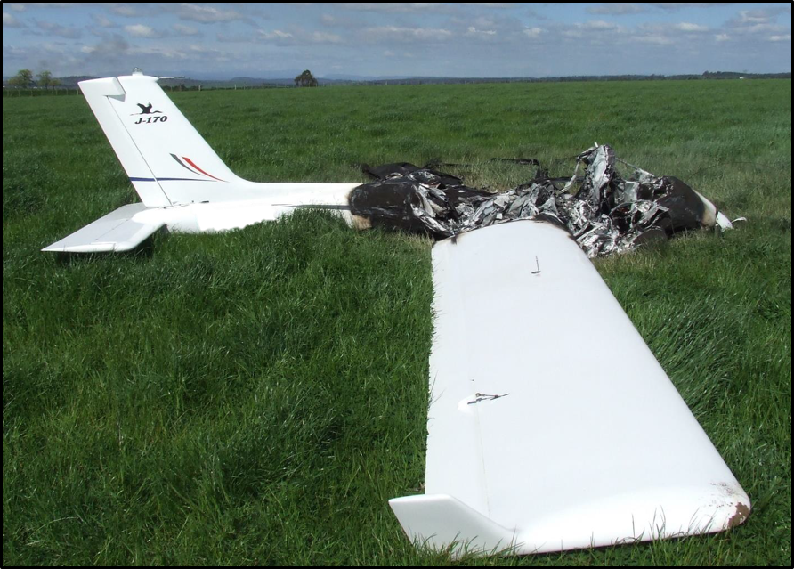 Figure 1: J170-D consumed by fire. Source: Tasmanian Fire Service, Fire investigation Report Aircraft Fire TFS Incident Number 18033397- Photograph 2, annotated by the ATSB