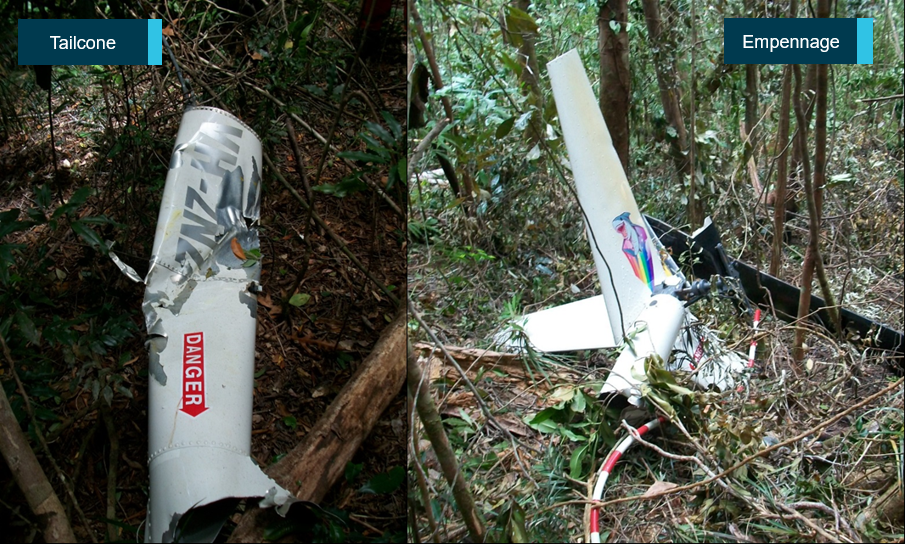Figure 7: Separated tailcone (left) and empennage (right). Left: the rear tailcone assembly with strike mark and yellow paint transfer in and around the strike was found to the south of the main wreckage. Right: the empennage was found adjacent to the main wreckage but outside the fire zone with both tail rotor blades separated.Source: Queensland Police Service, annotated by ATSB