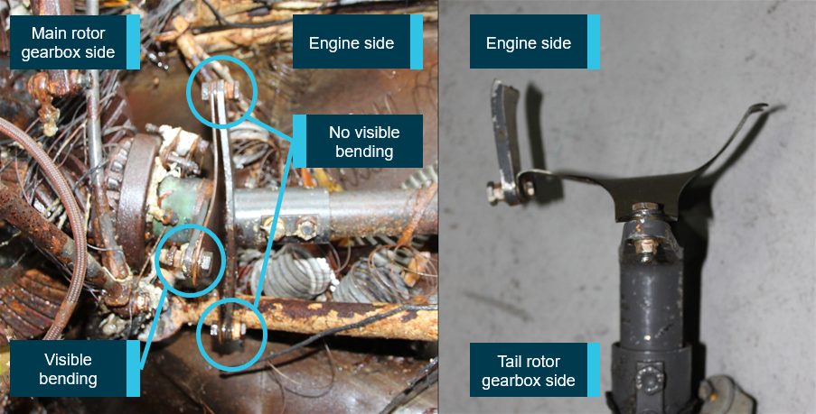 Figure 10: Forward flex plate (left) and intermediate flex plate (right). Left: forward flex plate with visible bending of bolts on the main gearbox side, but not on the engine side. Right: intermediate flex plate exhibited tension failure, but no significant torsion. The V-belt drive from the engine was located between the two flex plates.Source: ATSB