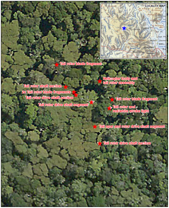 The distribution of the wreckage, as mapped by Queensland Police Service. The item marked ‘Tail spar and rotor drive shaft segment’ refers to the tailcone with the seized section of tail rotor driveshaft inside. The distribution of the wreckage, as mapped by Queensland Police Service. The item marked ‘Tail spar and rotor drive shaft segment’ refers to the tailcone with the seized section of tail rotor driveshaft inside.Source: Queensland Police Service