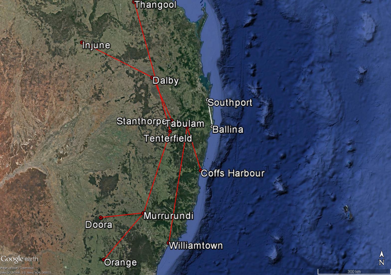 Figure 5: Figure showing the accident flight in relation to waypoint references given in the Area 20 and 40 forecasts. Boundaries given by the Area forecast are shown in red; the location of the flight path is shown in white.