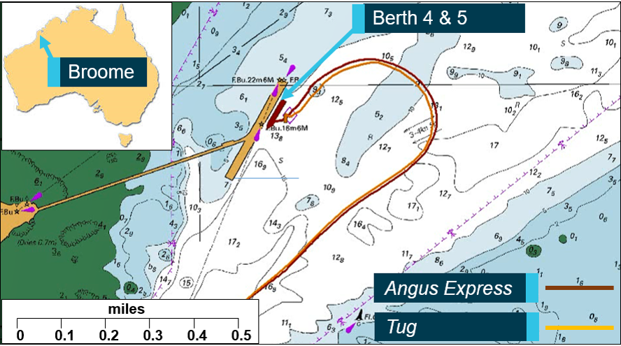 Figure 1: Angus Express’s arrival into Broome and the approach to berth 4 &amp; 5. Source: Australian Hydrographic Service, annotated by ATSB