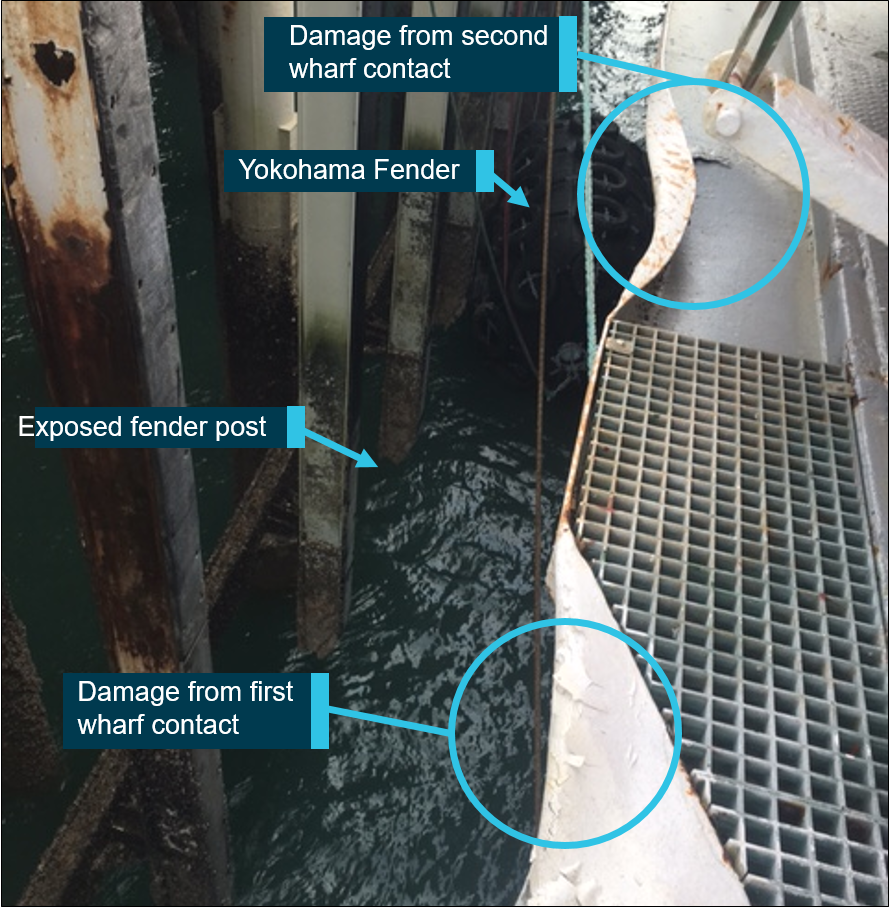 Figure 2: Damage to the Angus Express’s starboard scupper protrusion. Source: Kimberley Ports Authority, annotated by ATSB