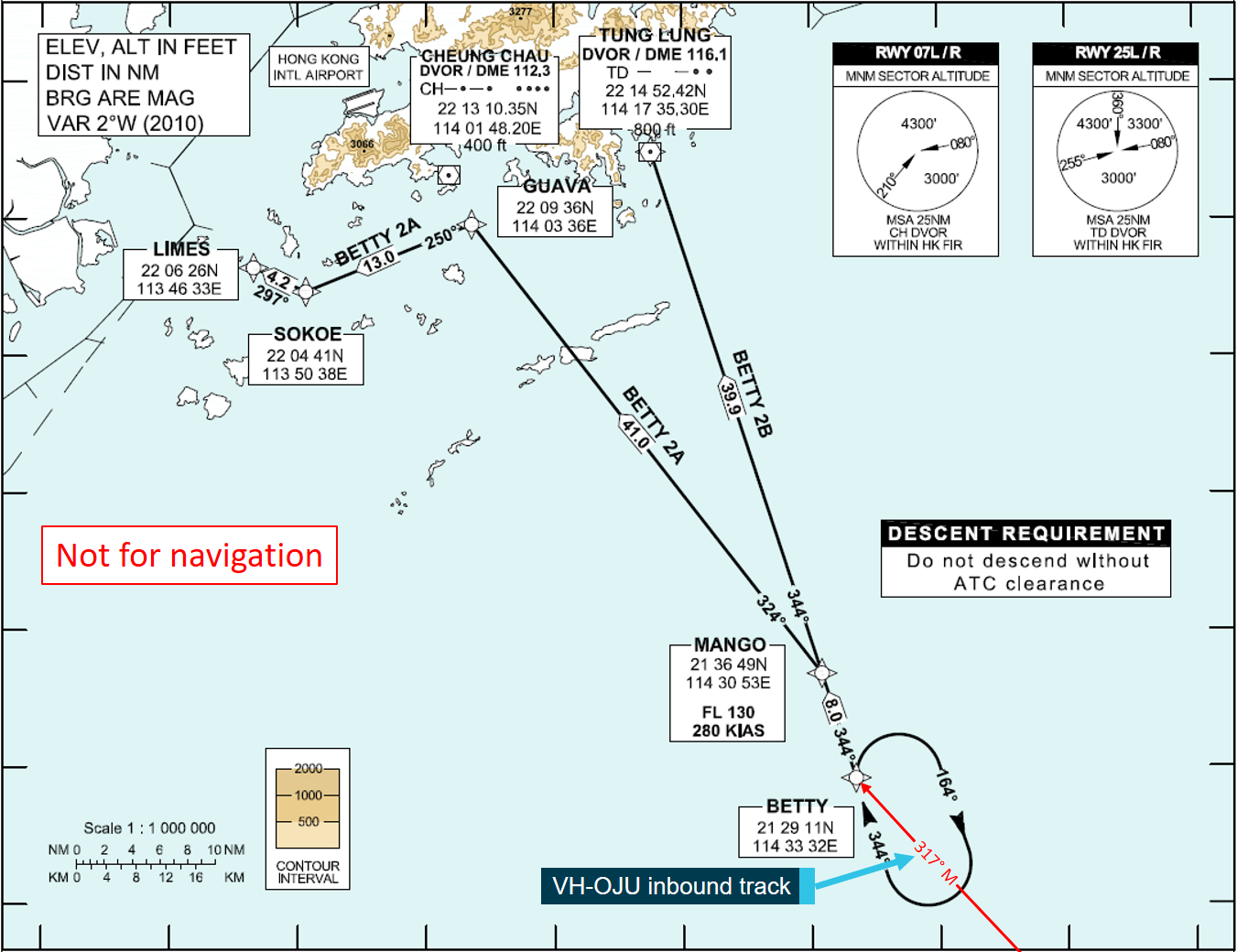 Figure 1: BETTY 2A standard arrival route chart extract. The figure shows the position of the BETTY hold along with the inbound track of VH-OJU. Source:  Hong Kong CAD, annotated by ATSB
