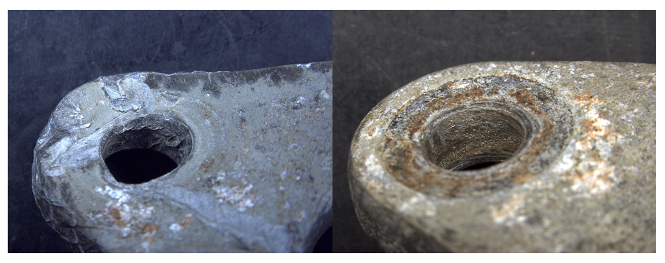 Figure 2: Comparison of the bellcrank bolt-holes. Left: bolt-hole for the missing fastener. Right: bolt-hole for a removed fastener.  Source: ATSB