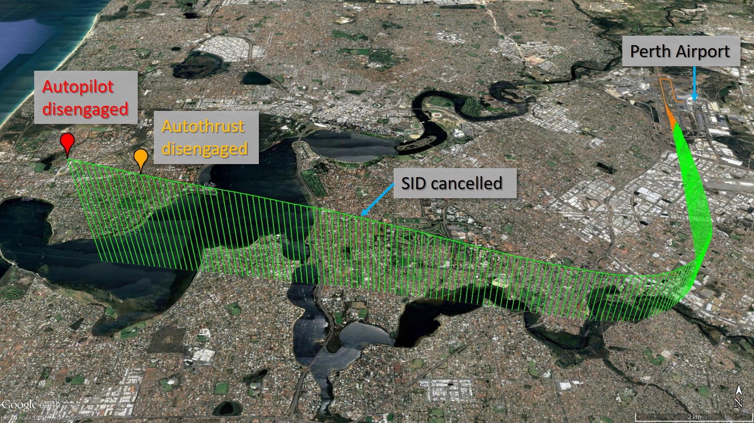 Figure 1: The flight path taken by VH-FNP when departing from Perth, up to the point that the autopilot disengaged