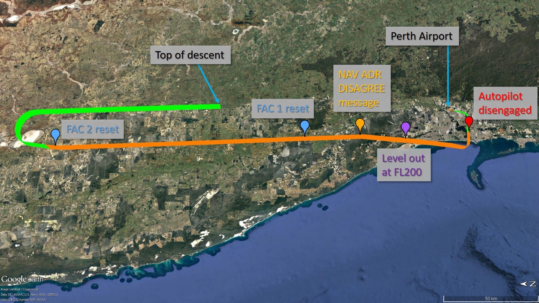 Figure 3: The flight path from take-off up to top of descent with key points identified