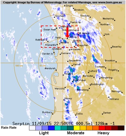 Figure&nbsp;5: Perth weather radar image at 0650 (2250 UTC)