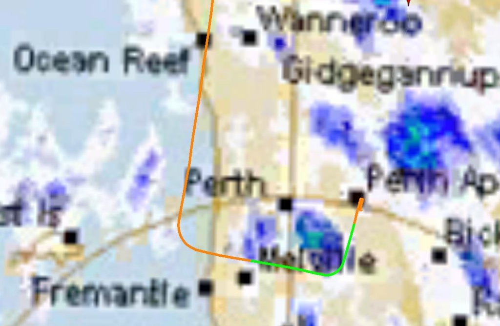 Figure&nbsp;6: Overlay of flight path on a zoomed in section of the weather radar image taken at 0650 (2250 UTC), where the region corresponds to the dashed red rectangle in Figure&nbsp;5