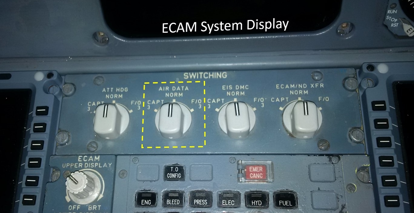 Figure 14: EFIS switching panel. Air data source switch highlighted by yellow box