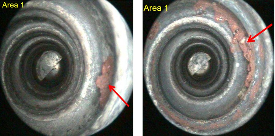 Figure 18: Examples of the red clay contamination inside the captain’s (left) and standby (right) pitot probes