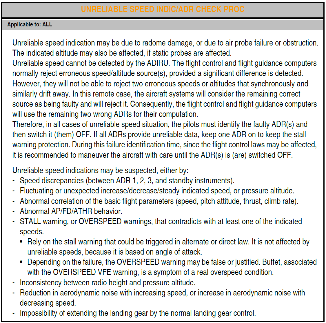 Figure 24: Unreliable airspeed indication/ADR check procedure – lead-in information
