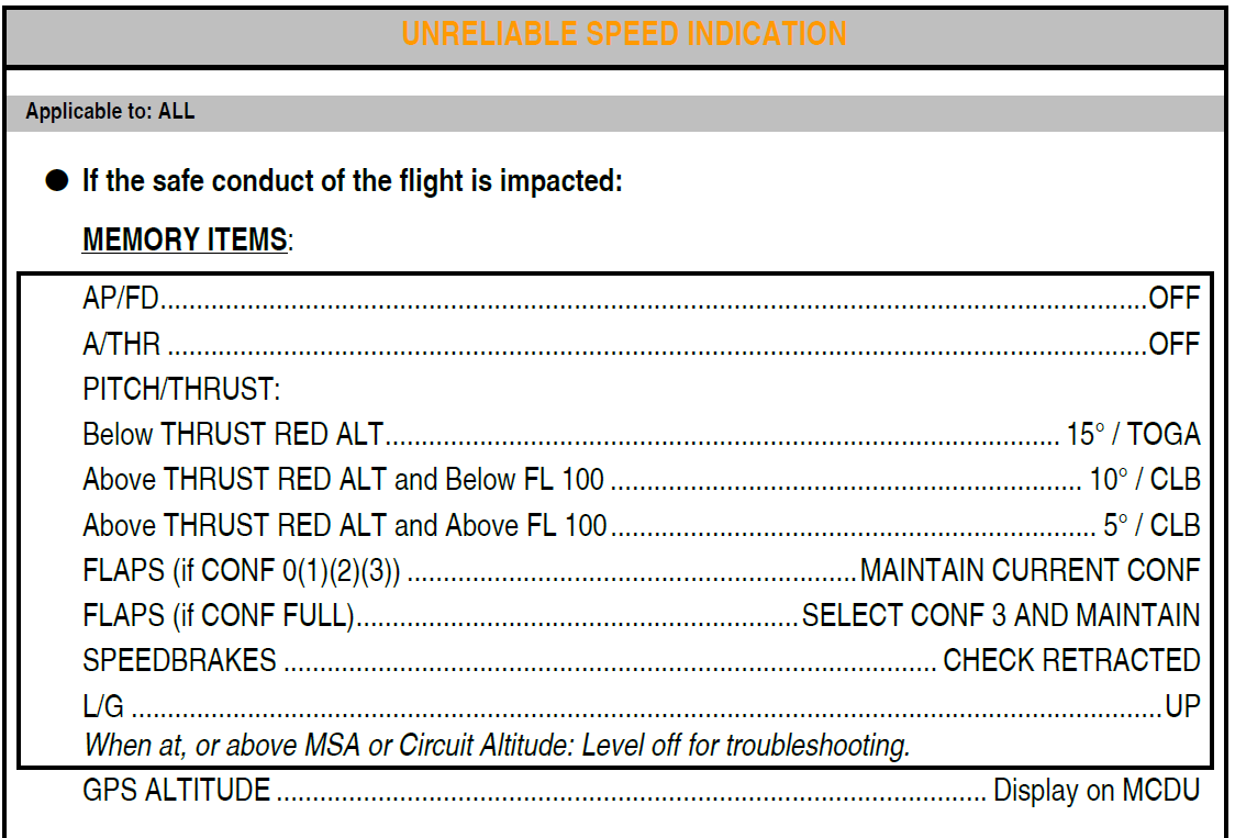 Figure 25: Unreliable airspeed indication – Initial actions