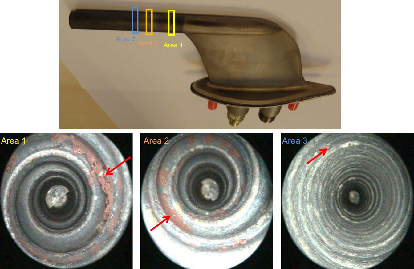 Figure A3: Image of red contamination (red arrows) in the standby pitot probe