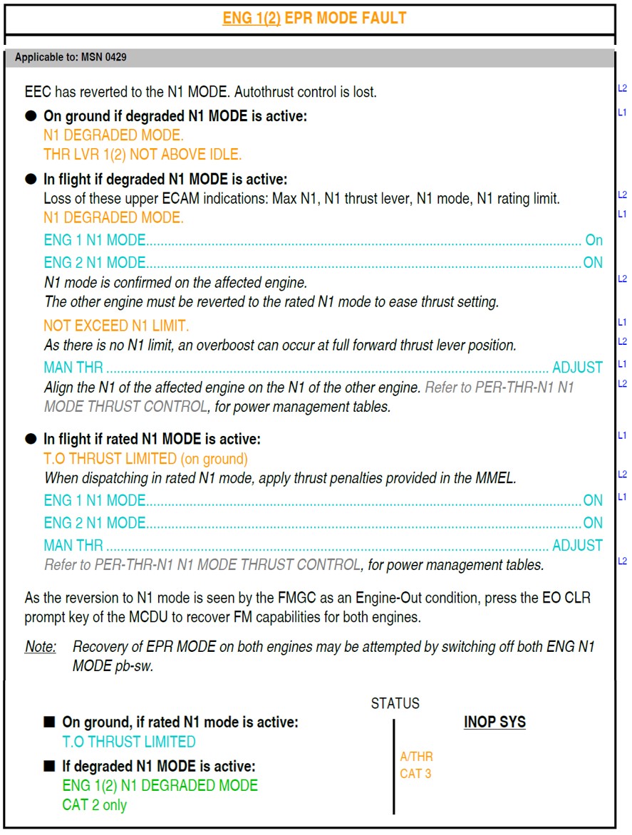 Figure B3: FCOM procedure – Engine 1(or 2) EPR mode fault