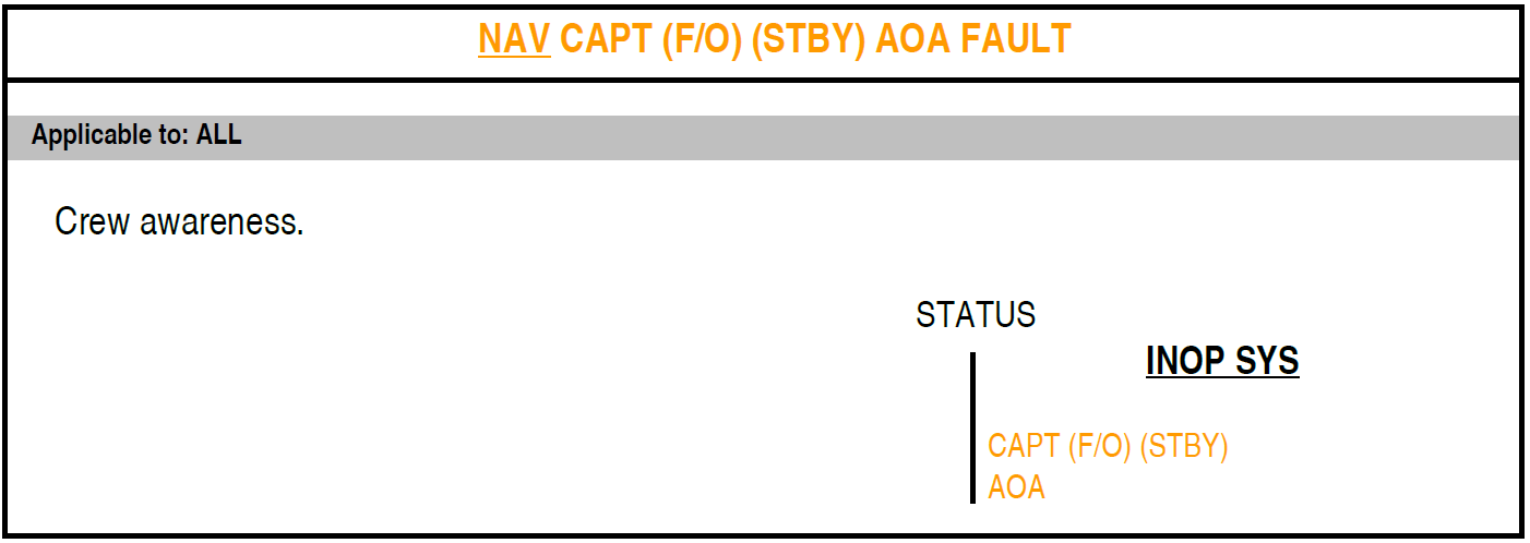 Figure&nbsp;B5: FCOM procedure – Navigation captain, first officer, or standby, angle of attack (AOA) fault