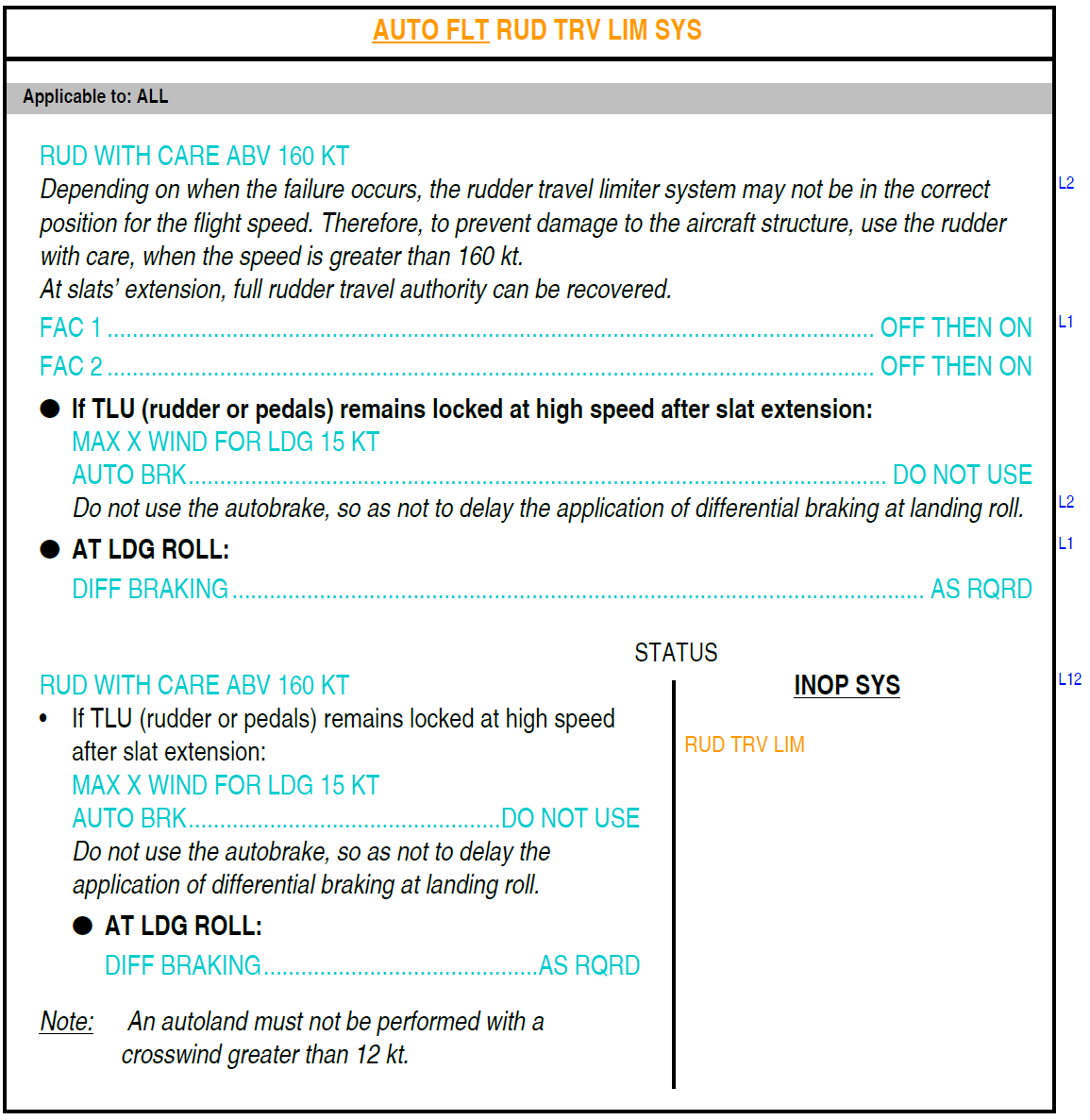 Figure&nbsp;B7: FCOM procedure – Auto flight rudder travel limiter system