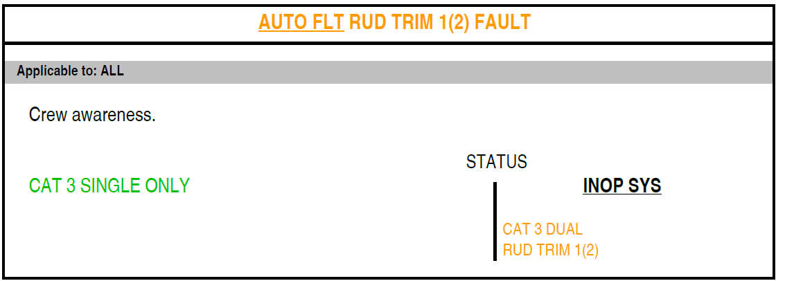 Figure&nbsp;B9: FCOM procedure – Auto flight rudder trim 1 (or 2) fault