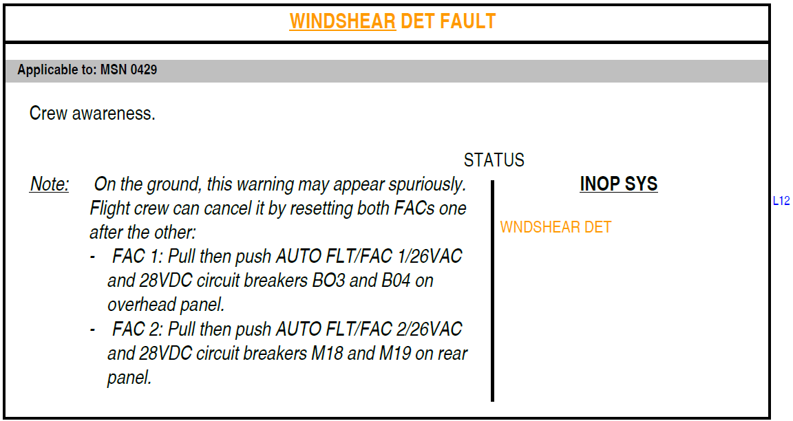 Figure&nbsp;B10: FCOM procedure – Windshear detection fault